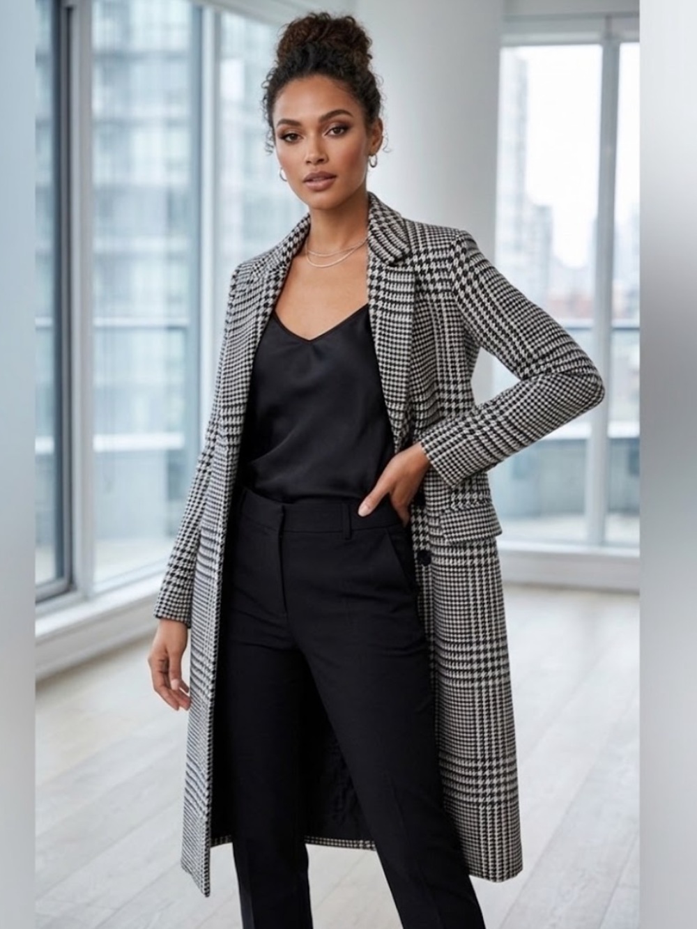 H&M Monochrome Houndstooth Long Full length coat